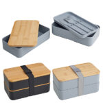 קופסת אוכל כפולה עם מכסה במבוק ומגש סכום