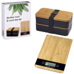 סט הכולל משקל למזון מצופה במבוק וקופסת אוכל כפולה עם מכסה במבוק וסכום