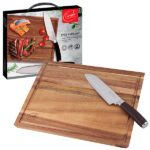 "Comida" סט סכין סנטוקו מקצועית 30 ס"מ (להב 18 ס"מ) לוח חיתוך עץ איכותי ACACIA עם שוליים משופעים