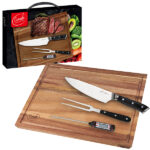"Comida" סט 4 חלקים למטבח כולל סכין סנטוקו, מדחום, קילשון בשר ולוח חיתוך עץ איכותי ACACIA עם שוליים משופעים