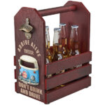 מנשא עץ לשישה בקבוקי בירה חזית בר + אופנוע + פותחן