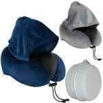 "MEMORY FOAM" כרית נסיעות לצוואר מרופדת עם קפוצ'ון בתיק PVC קשיח עגול