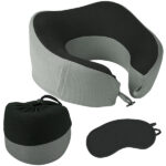 כרית נסיעות מתקפלת לתוך תיק נשיאה ספוג זיכרון ארגונומי לתמיכה נוחה לראש והצוואר בזמן ישיבה צבעים: אפור / כחול